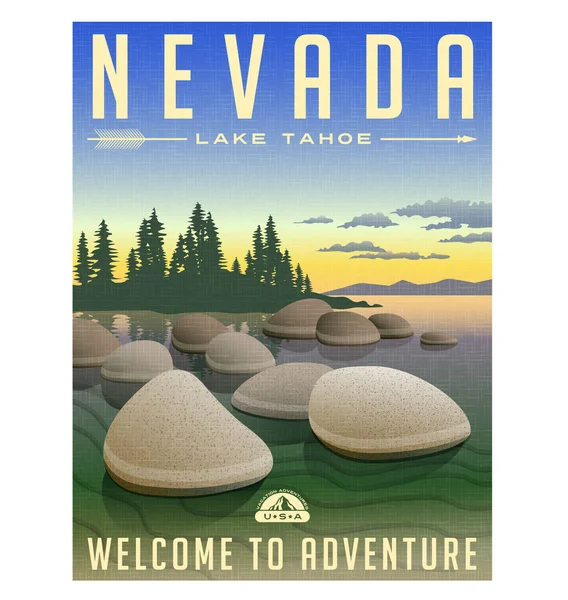 Νεβάδα, Lake Tahoe Ηνωμένες Πολιτείες ρετρό ταξίδια αφίσα ή αποσκευών αυτοκόλλητο εικονογράφηση διάνυσμα — Διανυσματικό Αρχείο