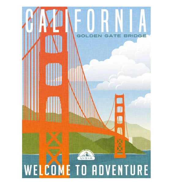 Califórnia, Estados Unidos poster de viagem ou etiqueta de bagagem. Ilustração vetorial da ponte Golden Gate e colinas distantes . — Vetor de Stock