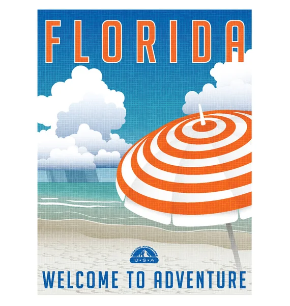 Affiche de voyage Floride, États-Unis ou autocollant de bagage. Illustration vectorielle de la plage pittoresque avec parapluie rayé . — Image vectorielle