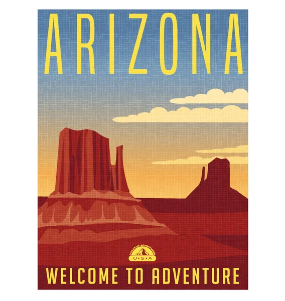 Arizona, Estados Unidos cartel de viaje o etiqueta engomada equipaje. ilustración vectorial del paisaje desértico escénico — Archivo Imágenes Vectoriales