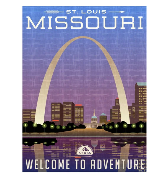 Missouri, Estados Unidos cartel de viaje o etiqueta engomada equipaje. Ilustración escénica del arco de entrada y el centro de St. Louis por la noche . — Archivo Imágenes Vectoriales