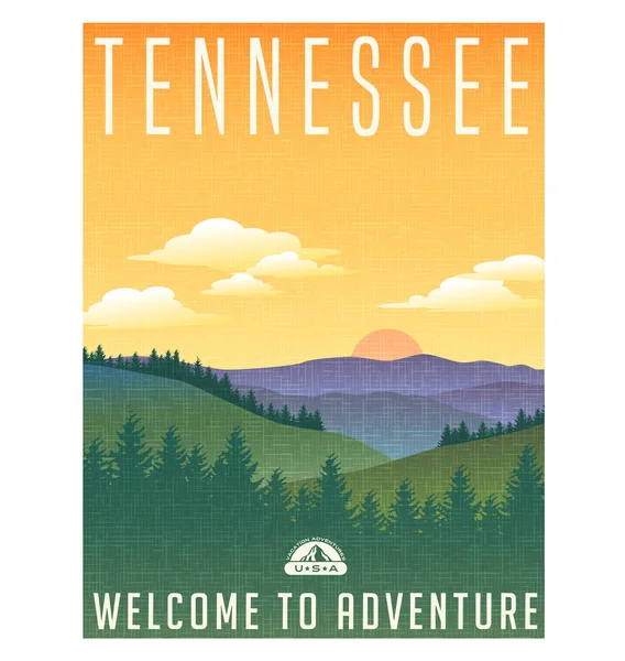 Tennessee, Estados Unidos poster de viagem ou etiqueta de bagagem. Ilustração cênica das Grandes Montanhas Smoky com pinheiros e nascer do sol . — Vetor de Stock