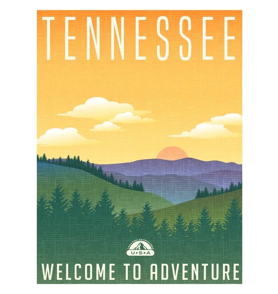 Tennessee, United States travel poster or luggage sticker. Scenic illustration of the Great Smoky Mountains with pine trees and sunrise. — Stock Vector