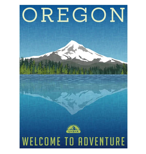Oregon, United States Reiseplakat oder Gepäckaufkleber. Szenische Illustration von mt. Haube hinter See mit Spiegelung. — Stockvektor