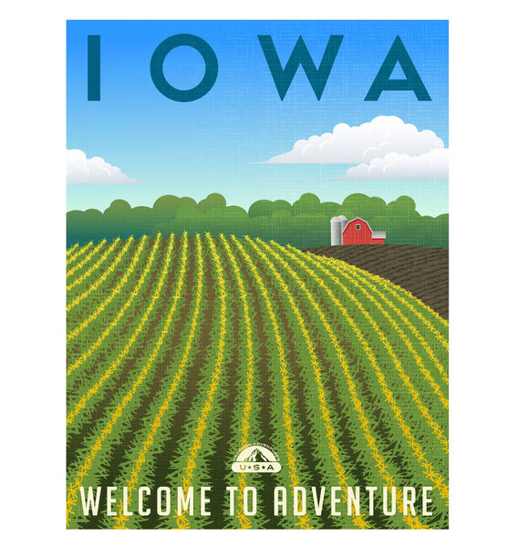 Iowa, United States retro travel poster or luggage stiker wector illustration. Ряды кукурузы, ведущие в красный амбар
.