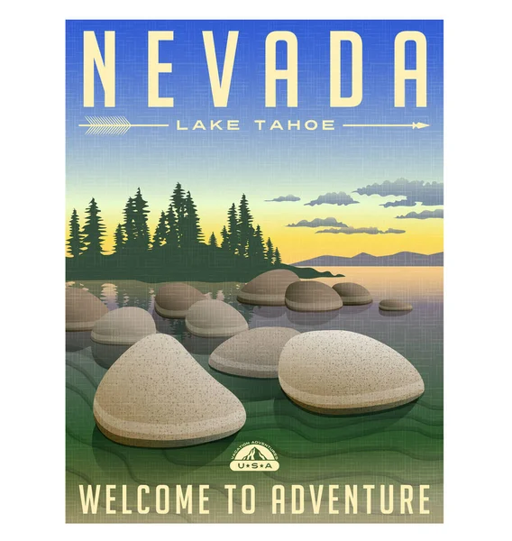 Nevada, Lake Tahoe United States retro travel poster or luggage sticker vector illustration — Stock Illustration Nevada, Lake Tahoe United States retro travel poster or luggage sticker vector illustration Stock Vector