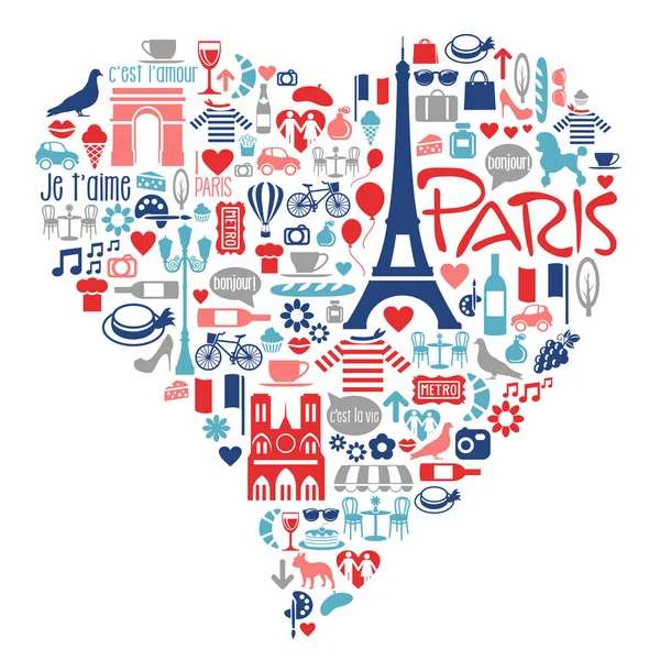 Paris França ícones, marcos, atrações dentro de uma forma de coração — Vetor de Stock
