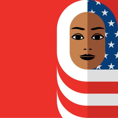 Amerika Birleşik Devletleri tüm göçmenlerin sembolik desteğinde Amerikan bayrağı Hijab giyen Müslüman kadın çizimi.