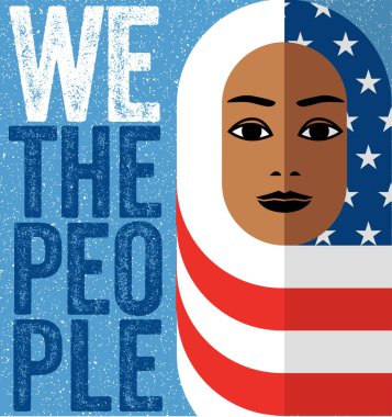 Metin biz insanlar ile tüm göçmenlerin sembolik desteğinde Amerikan bayrağı hijab giyen Müslüman kadın.