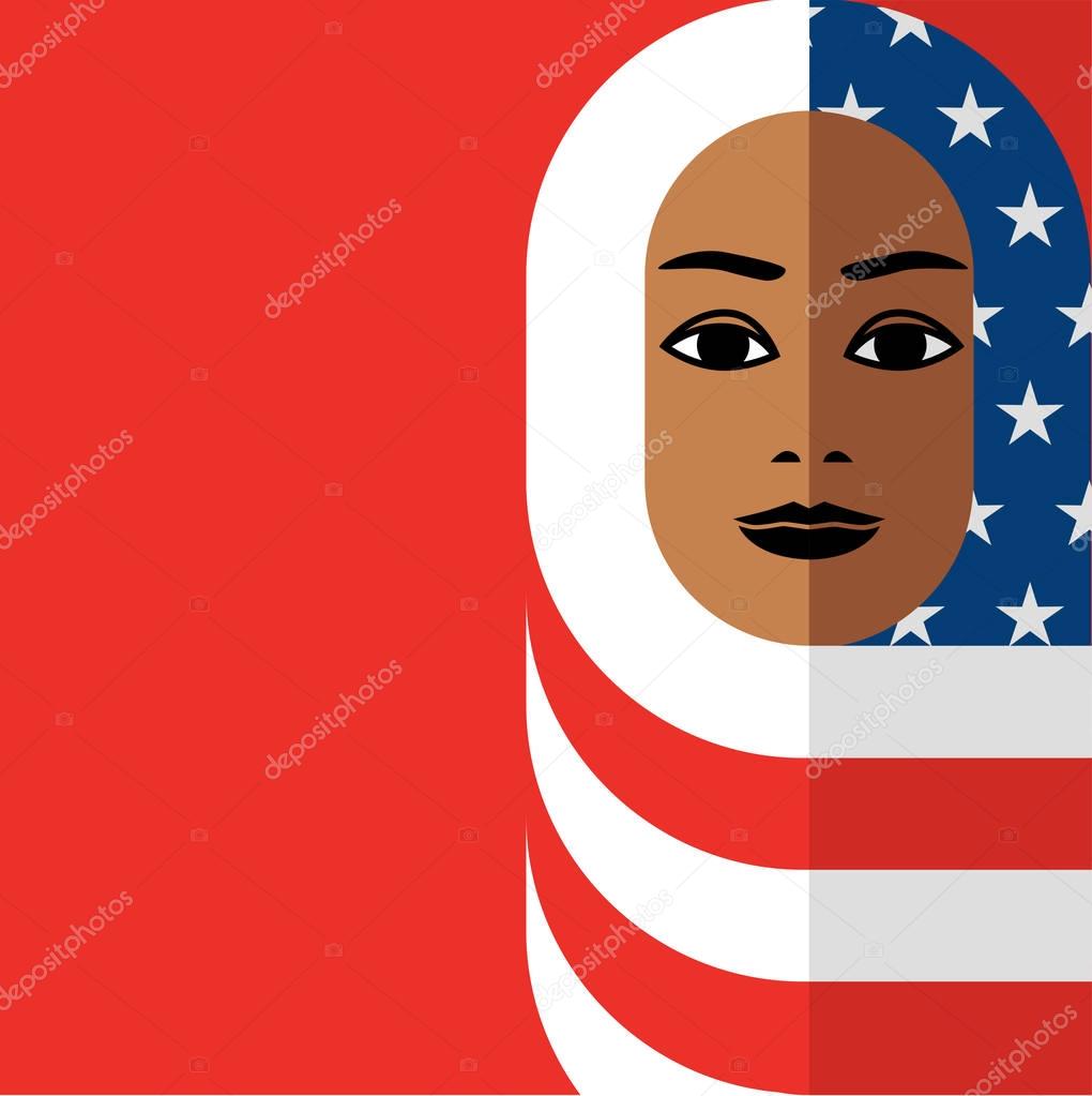 illustration of Muslim woman wearing Hijab of the American flag, in symbolic support of all immigrants in the united states.
