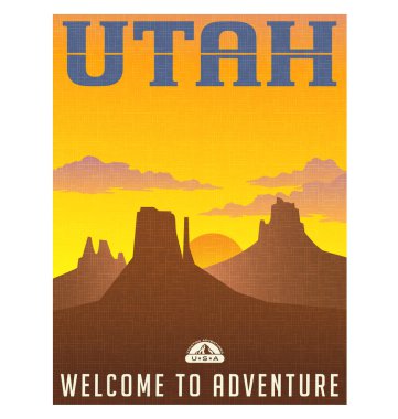 Utah seyahat poster ya da etiket. gün batımında anıt Vadisi vektör çizim.