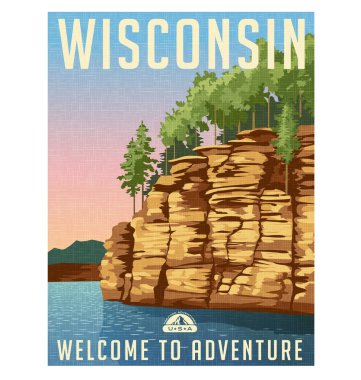 Wisconsin Dells poster seyahat. Kumtaşı blöf Wisconsin Nehri üzerinde vektör çizim.