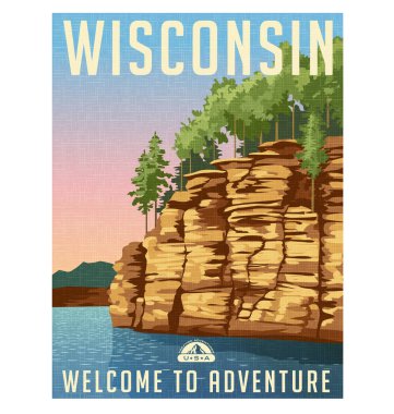Wisconsin Dells travel poster. Vector illustration of sandstone bluffs on the Wisconsin River. clipart