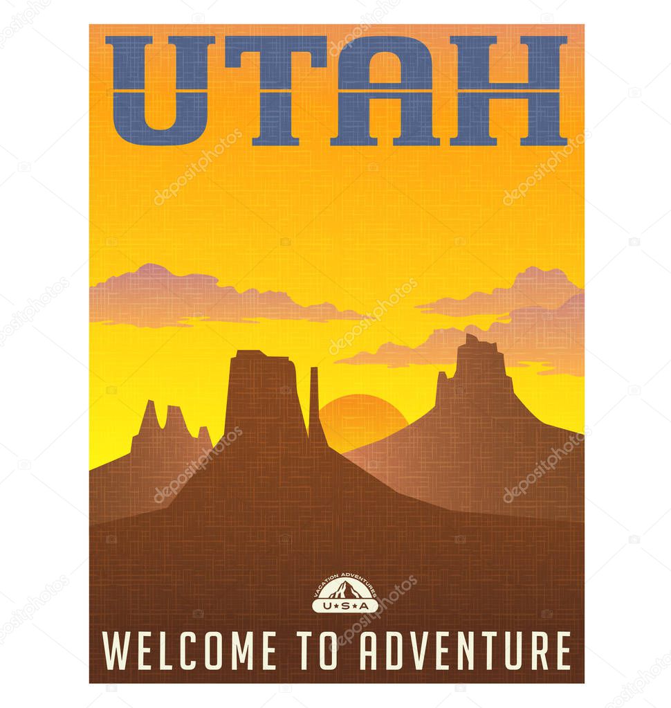Utah travel poster or sticker. vector illustration of monument valley at sunset.