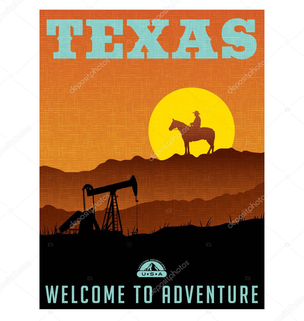 Illustrated travel poster or sticker for Texas with oil wells, rock ridge, cowboy and sunset