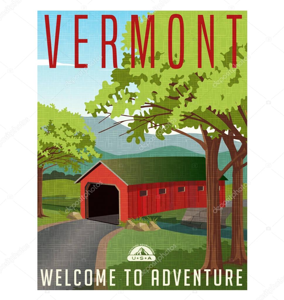 Vermont travel poster or sticker. Vector illustration of scenic covered bridge over stream.