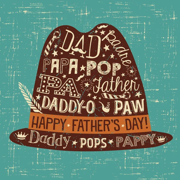 Tarjeta de felicitación del Día del Padre. Sombrero de hombre con diferentes palabras manuscritas para papá . — Archivo Imágenes Vectoriales