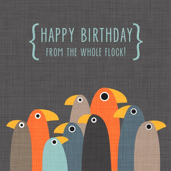 Cartão de aniversário com pássaros de pé engraçados em fundo cinza —  Vetores de Stock