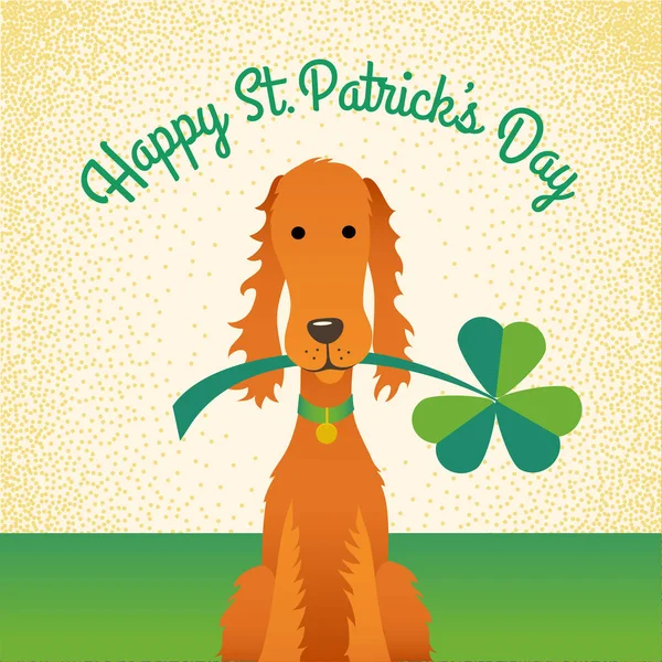 Happy St Patricks Day. Rolig irländsk Setter innehav shamrock. — Stock vektor