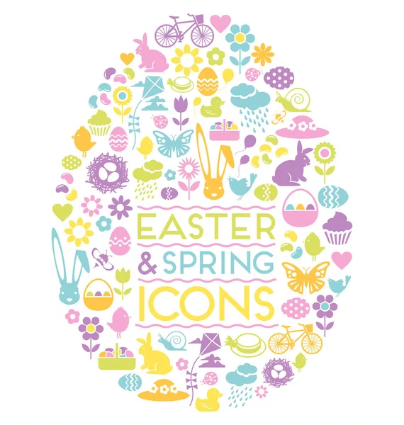 Gran conjunto de iconos de Pascua y primavera en forma de huevo de Pascua — Archivo Imágenes Vectoriales