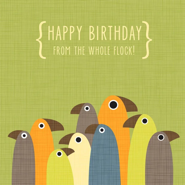 Birthday greeting card with funny standing birds on green background — Stock Vector