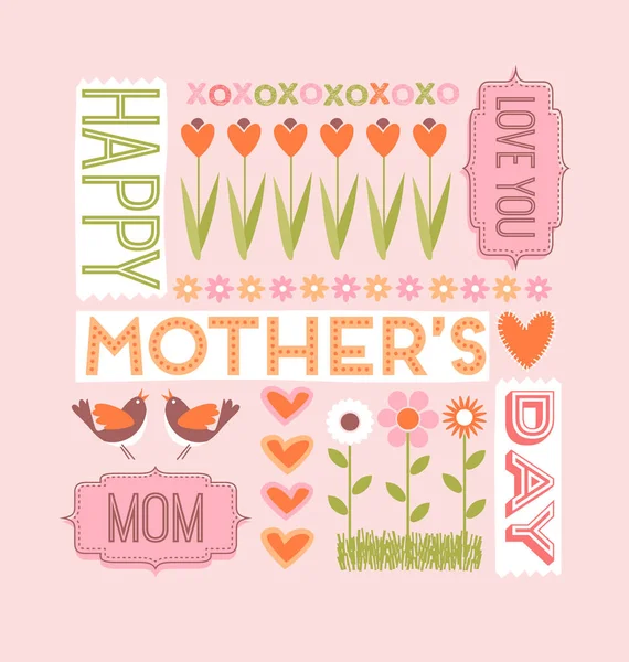 Carte de vœux de la fête des mères. Collage de mots, fleurs, cœurs et oiseaux . — Image vectorielle