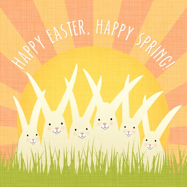 Дизайн великодніх вітальних листівок з групою щасливих кроликів та сонячних спалахів . — стоковий вектор