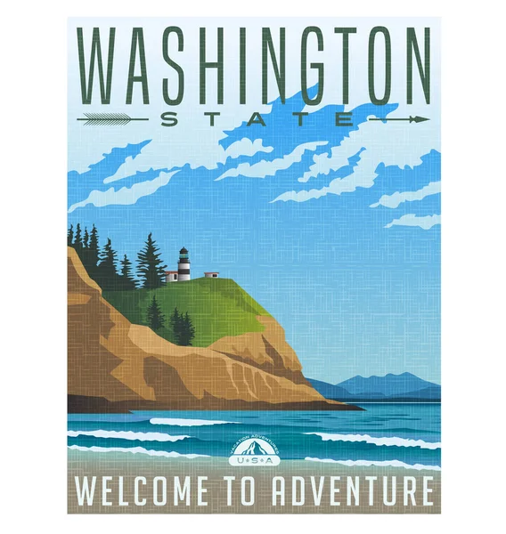 Afiche de viaje o pegatina del estado de Washington. Ilustración vectorial de costa rugosa y faro. Parque Estatal de Cape Deception . — Vector de stock