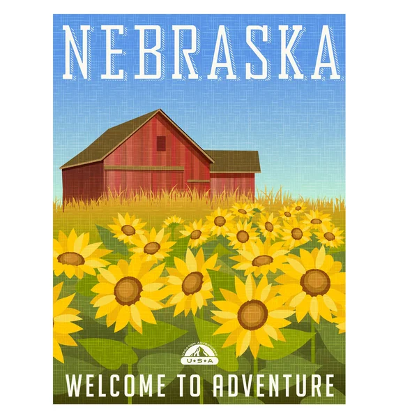 Cartel de viaje de Nebraska o pegatina. Ilustración vectorial de girasoles frente al antiguo granero rojo . — Vector de stock