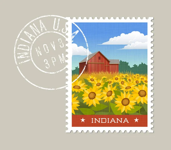 Indiana Briefmarkendesign. Vektor-Illustration der ländlichen Landschaft rote Scheune mit Sonnenblumen. Grunge-Stempel auf separater Ebene. — Stockvektor