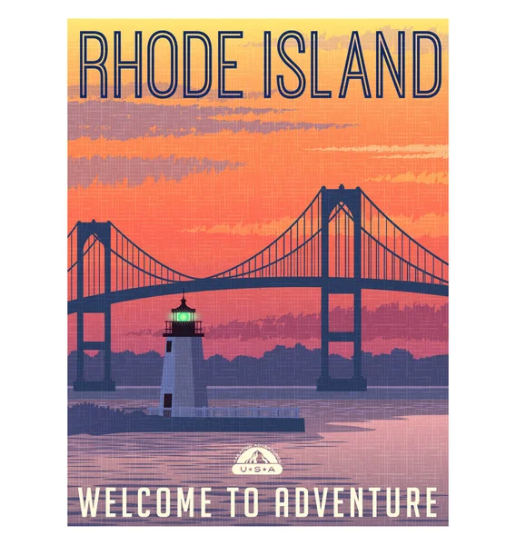 Rhode Island travel poster or sticker. Vector illustration of Newport Bridge and harbor light at sunrise. — Stock Vector