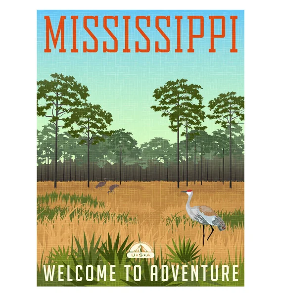 Estado do Mississippi cartaz de viagem ou adesivo. Ilustração vetorial de guindastes e pinheiros de Sandhill na preservação da natureza das zonas húmidas —  Vetores de Stock