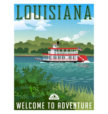 Louisiana seyahat poster ya da etiket. Kürek tekerlek riverboat ve doğal peyzaj vektör çizimi
