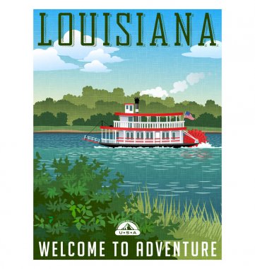 Louisiana seyahat poster ya da etiket. Kürek tekerlek riverboat ve doğal peyzaj vektör çizimi