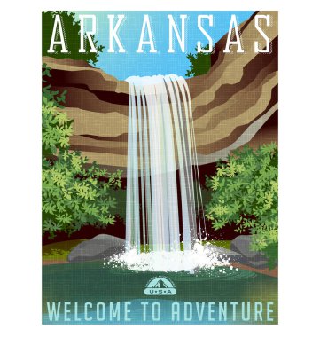 Arkansas seyahat poster ya da etiket. Güzel şelale kayalık çıkıntının üzerinde vektör çizim