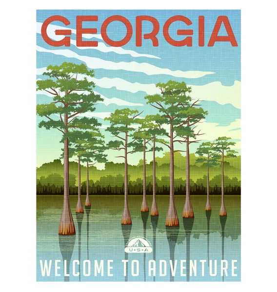 Cartaz de viagem da Geórgia ou adesivo. Ilustração vetorial de cipreste careca em pântano de pântano —  Vetores de Stock