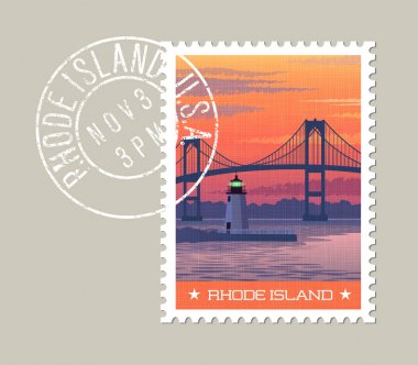 Rhode Island posta pulu tasarımı. Vektör çizim gündoğumu, Newport Köprüsü ve liman deniz feneri. Grunge posta damgası ayrı katman üzerinde.
