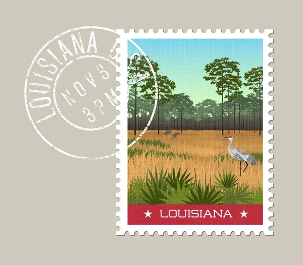 Louisiana Briefmarkendesign. Vektorillustration von Sandhügelkränen und Kiefern im Feuchtgebiet-Naturschutzgebiet. Grunge-Stempel auf separater Ebene. — Stockvektor