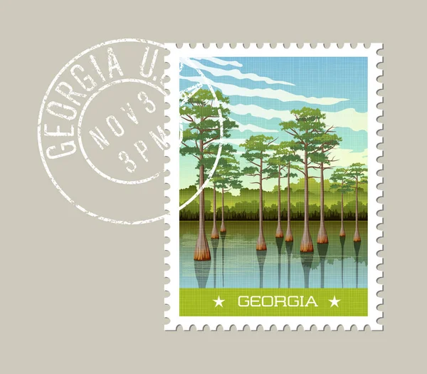 Georgia postage stamp design. Vector illustration of wetland forest with Bald Cypress trees. — Stock Vector