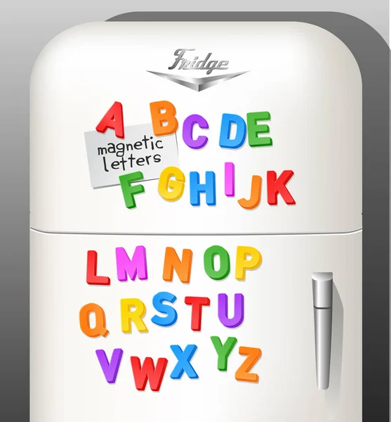 Letras de alfabeto magnético de plástico para niños que se muestran en el refrigerador vintage. Utilizar como fuente o elementos de diseño. Ilustración vectorial . — Archivo Imágenes Vectoriales