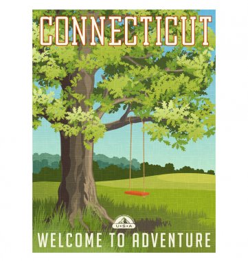 Connecticut seyahat poster ya da etiket. Büyük meşe ağacı kırmızı salıncak ile ülkede vektör çizim.