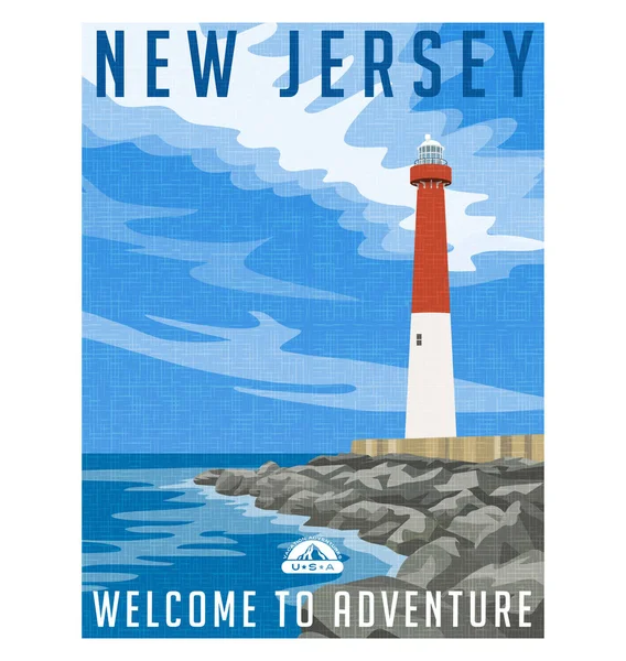 Afiche de viaje o pegatina de Nueva Jersey. Ilustración vectorial del faro histórico en la costa atlántica . — Vector de stock