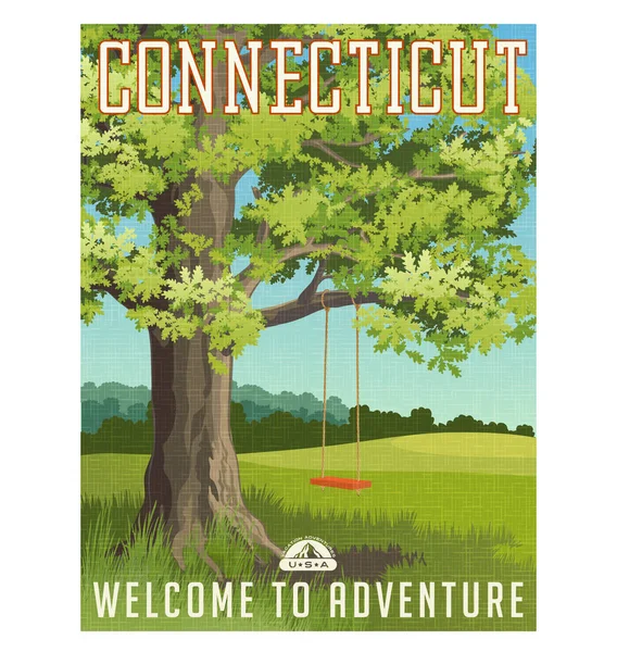 Постер или наклейка на поездку в Коннектикут. Векторная иллюстрация большого дуба в стране с красными качелями . — стоковый вектор