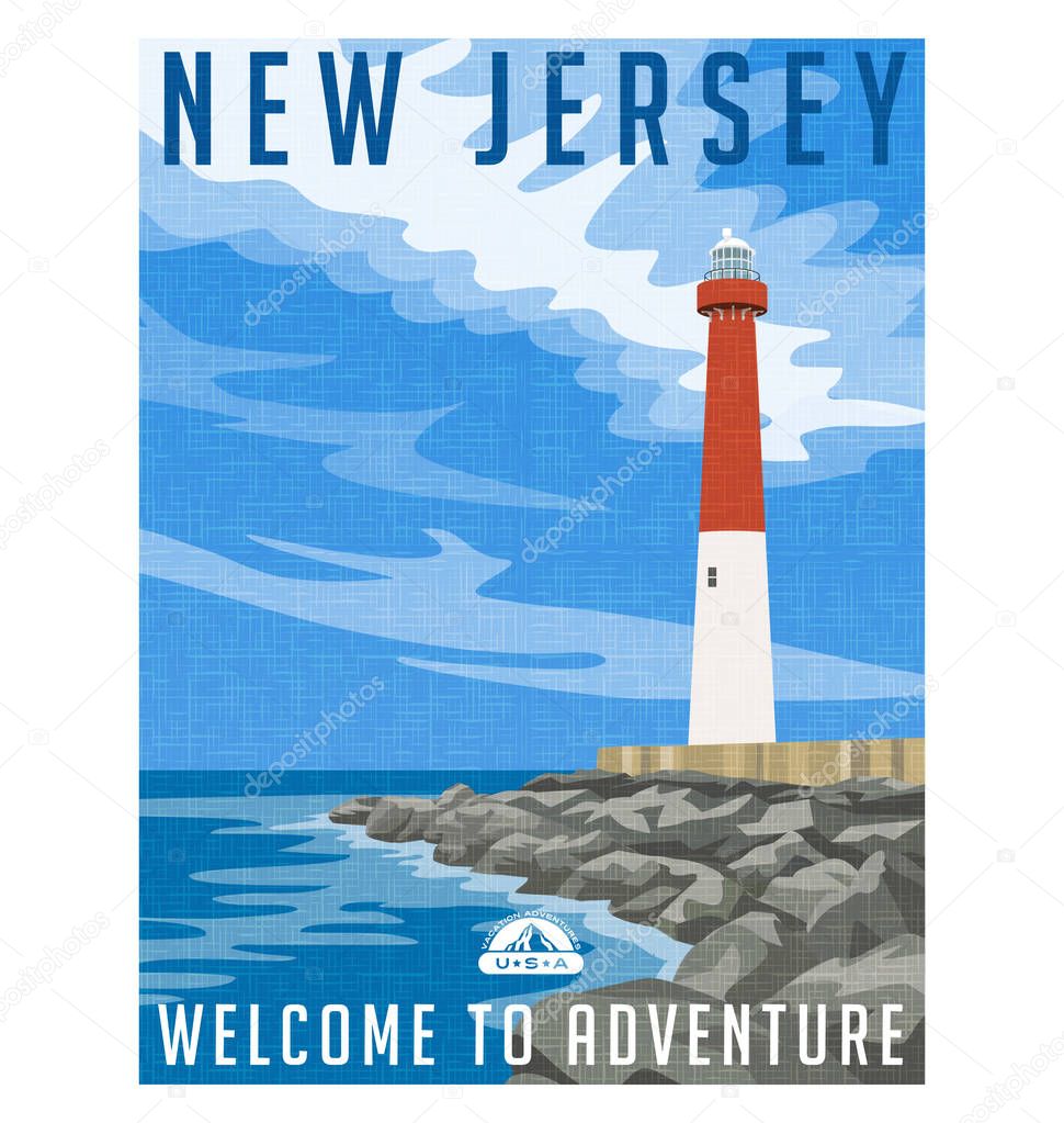 New Jersey travel poster or sticker. Vector illustration of historic lighthouse on the Atlantic coast.