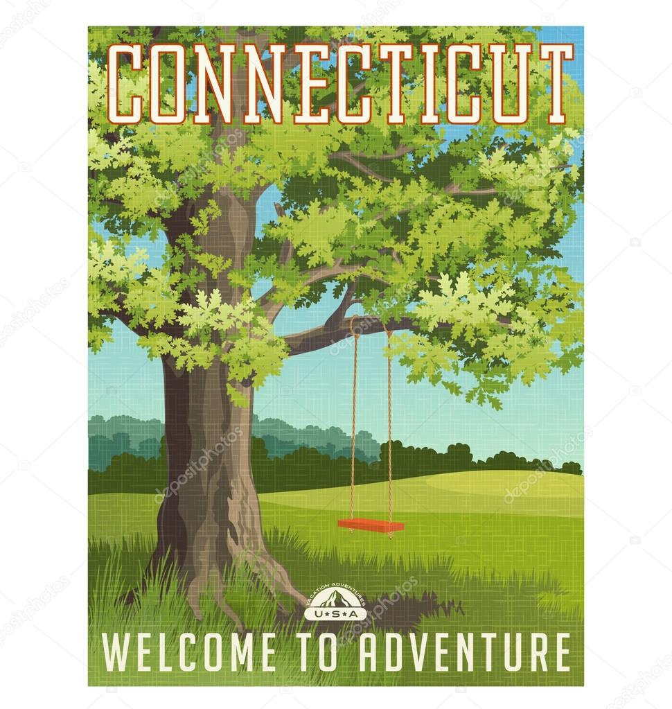 Connecticut travel poster or sticker. Vector illustration of large oak tree in the country with red swing.