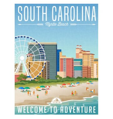 Güney Carolina Seyahat poster ya da etiket. Myrtle Beach Otel, dönme dolap ve sahilde insanlar ile vektör çizim.