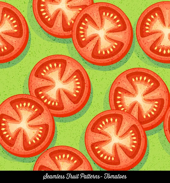 Nahtlose bunte Muster von geschnittenen Tomaten, für Hintergründe, Textilien, Menüdesign. Vektorillustration. — Stockvektor