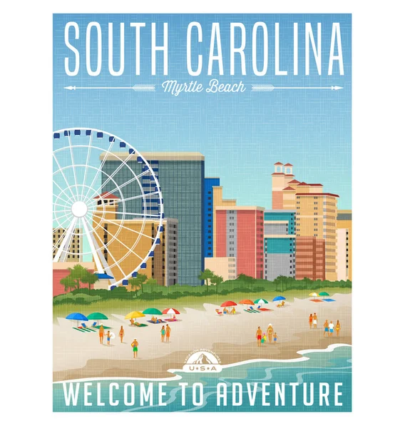 Poster di viaggio della Carolina del Sud o adesivo. Illustrazione vettoriale di Myrtle Beach con hotel, ruota panoramica e persone sulla spiaggia . — Vettoriale Stock