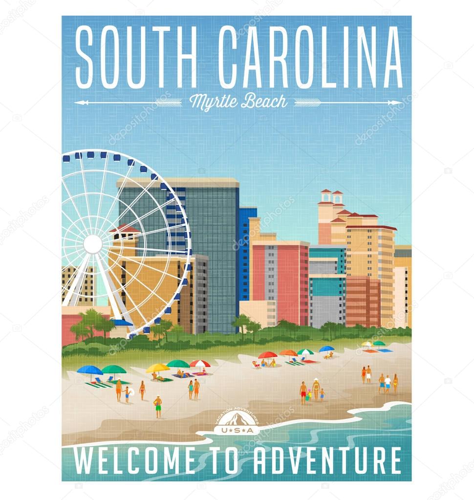 South Carolina travel poster or sticker. Vector illustration of Myrtle Beach with hotels, ferris wheel and people on the beach.
