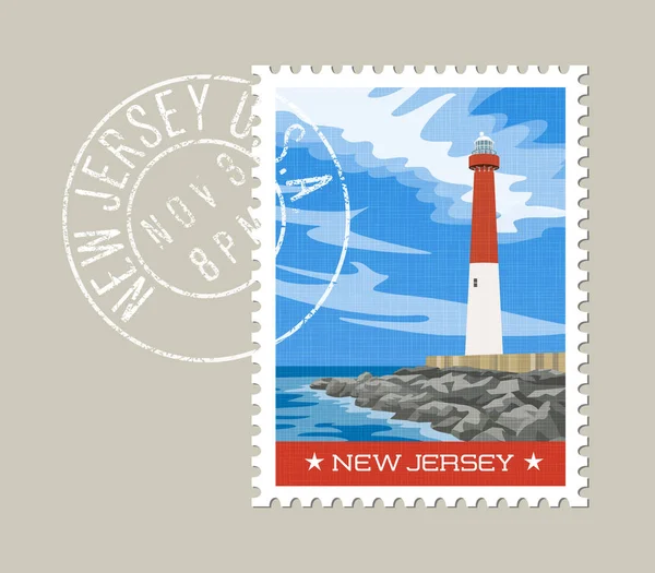 Design de selos postais de Nova Jersey. Ilustração vetorial do farol histórico na costa atlântica . —  Vetores de Stock